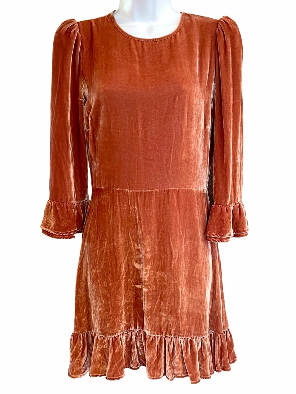 Reformation Mountain Dress Size 2 Salmon Velvet Silk Blend Ruffle Mini